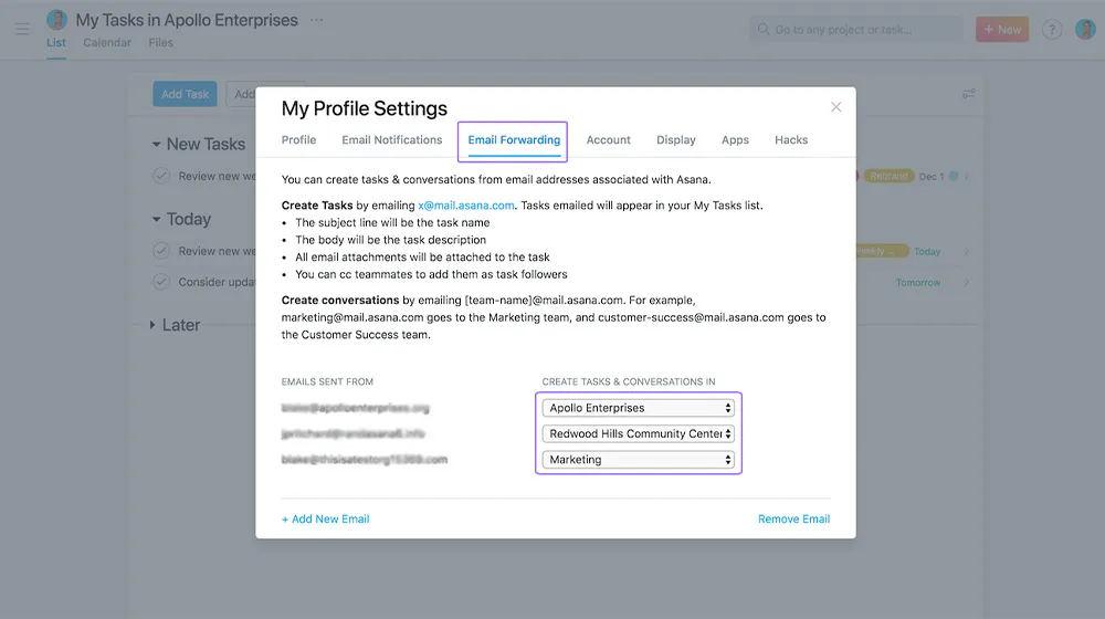 forward task related email to asana